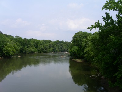 [River curving out of sight in the distance. Banks have trees overhanging the water.]